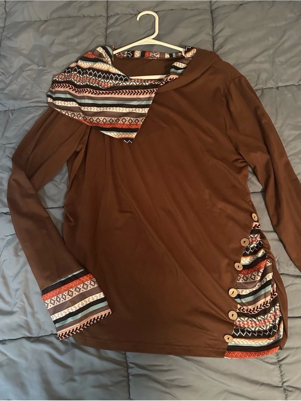 Brown Hooded Long-Sleeve Women's Top with Patterned Trim